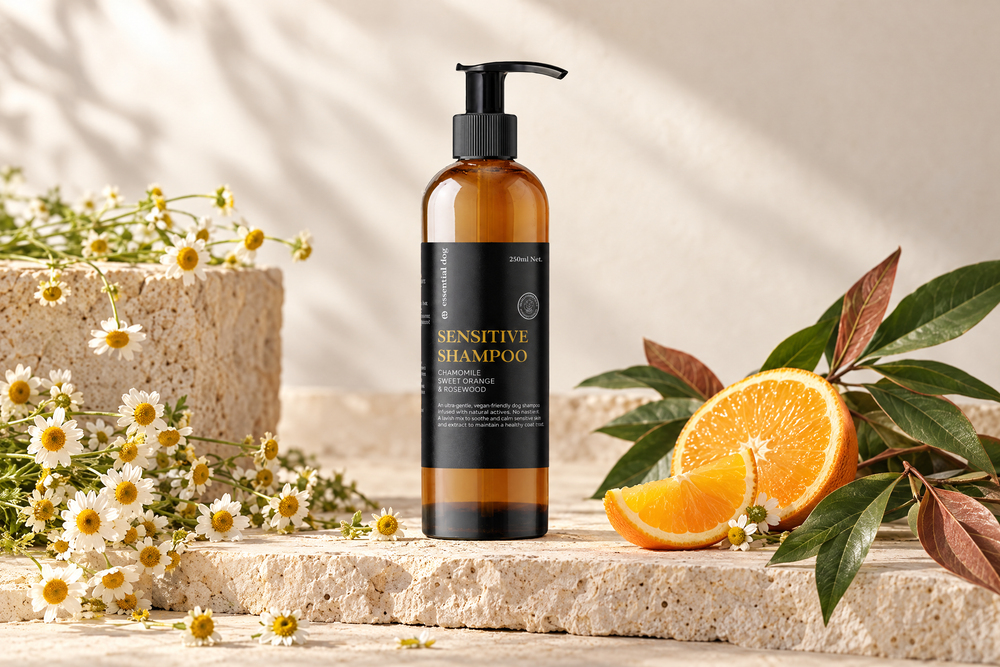 Sensitive Dog Shampoo with chamomile and sweet orange botanical still life for Dog Eczema