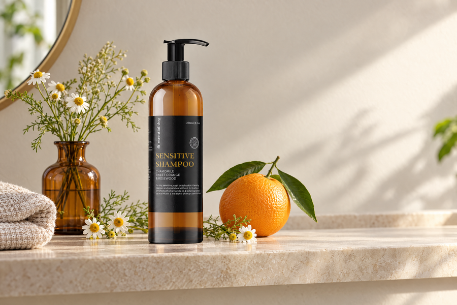 Sensitive Dog Shampoo with chamomile, sweet orange and rosewood in a calm bathroom still life
