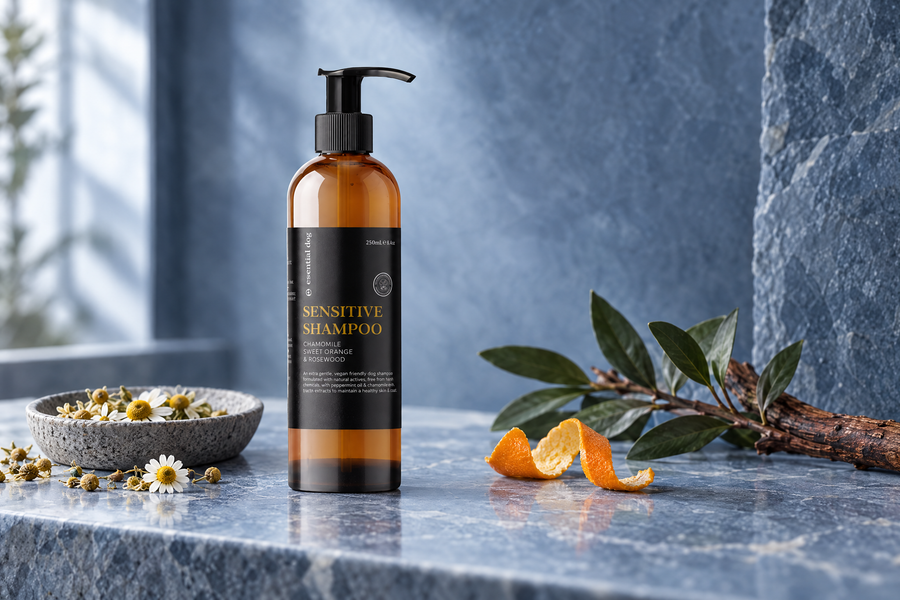 Sensitive Dog Shampoo in a cool blue mineral botanical still life for Dog Dermatitis