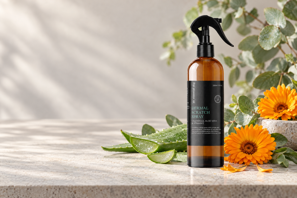 Dermal Scratch Spray with aloe and calendula in a botanical still life for itchy summer skin care