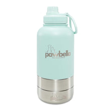 The Pawbella 3-in-1 Dog Water Bottle 1L with Food Bowls features a light blue and silver design, handle cap, logo, and dog and cat silhouette—perfect for pet walks or adventures in Australia with your backpack.