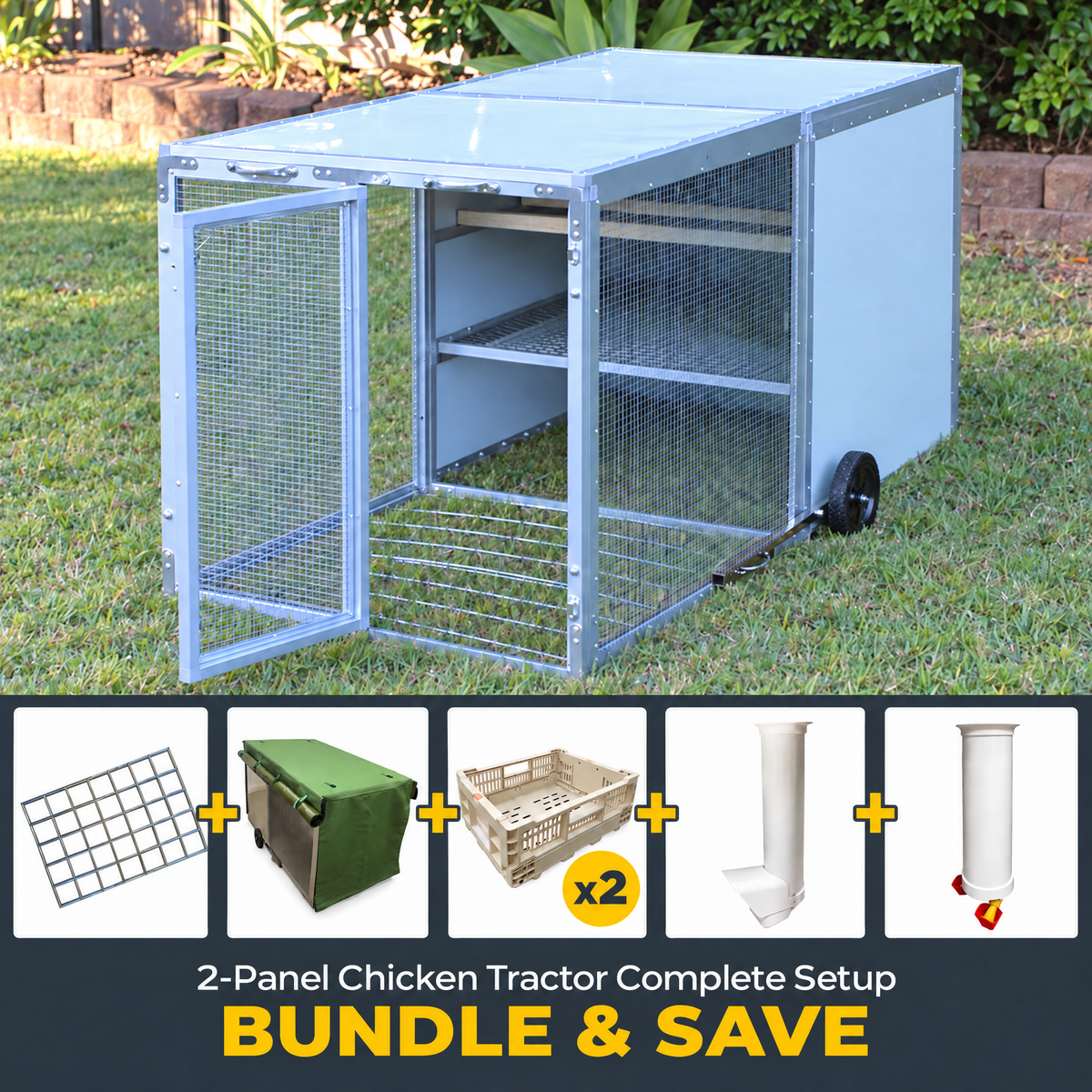 2-Panel Chicken Tractor Complete Setup Bundle including mesh floor, weather cover, nesting boxes, feeder and waterer