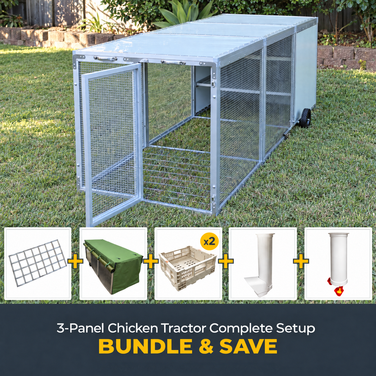 3-Panel Chicken Tractor Complete Setup Bundle including mesh floor, weather cover, nesting boxes, feeder and waterer