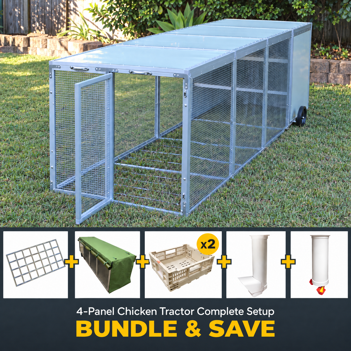 4-Panel Chicken Tractor Complete Setup Bundle including mesh floor, weather cover, nesting boxes, feeder and waterer