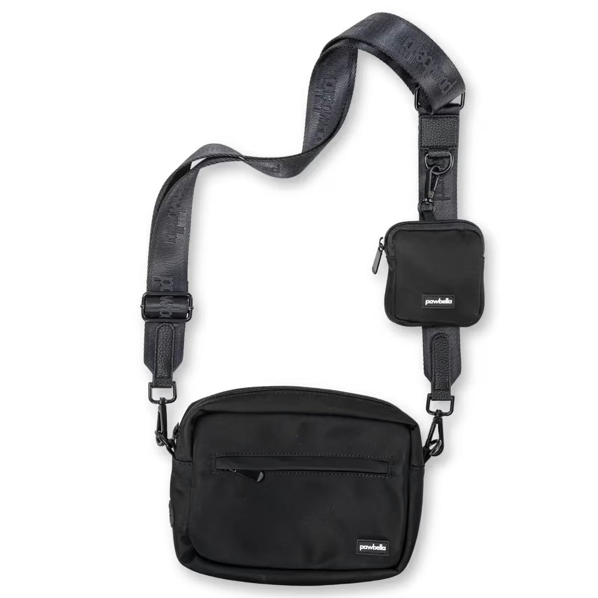 The Pawbella Crossbody Dog Walking Bag is a black bag with an adjustable strap and a detachable pouch, both with zip closures and rectangular logo patches on the front, inspired by versatile pet backpack designs.