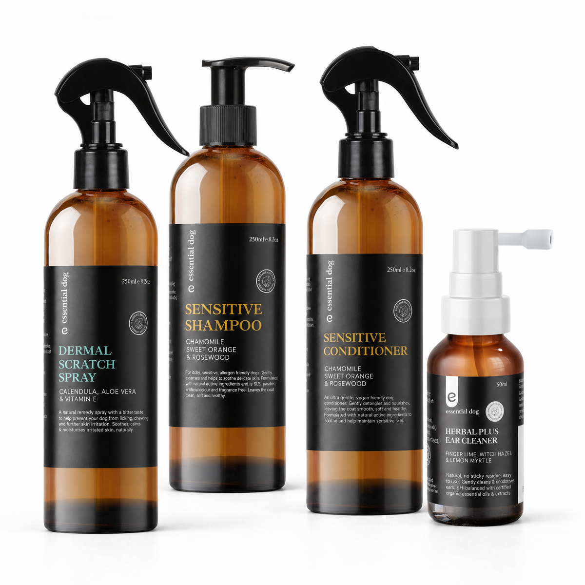 Shampoo, Conditioner, Ear Cleaner and Dermal Scratch Spray Bundle on a clean white background.