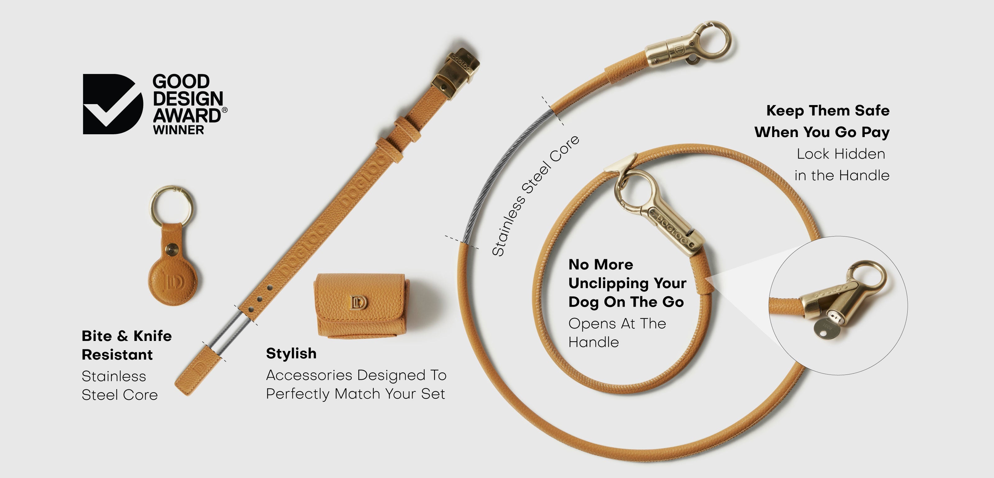 DOGLOC lockable lead and collar feature and award graphic
