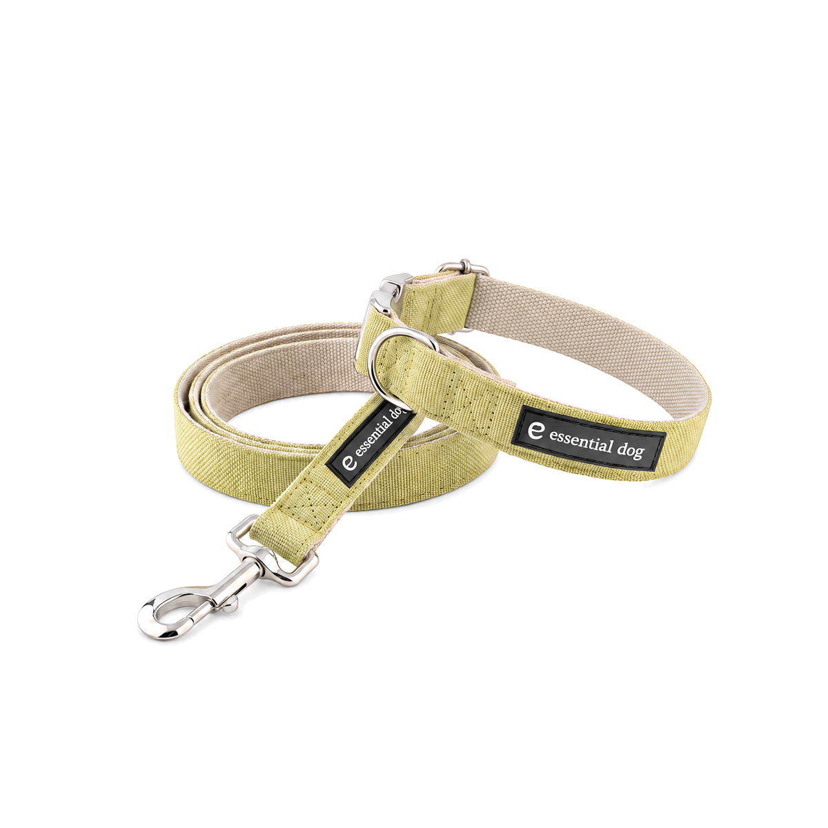 Hemp and Cotton Everyday Walk Bundle — Grass Green with its matching collar and lead on a clean white background.
