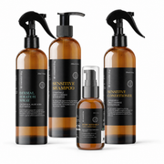Shampoo, Conditioner, Dermal Scratch Spray and Hemp Oil Bundle on a clean white background.