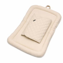 Beige Pawbella pet stroller plush cushion set with quilted magnetic cover, angled product view