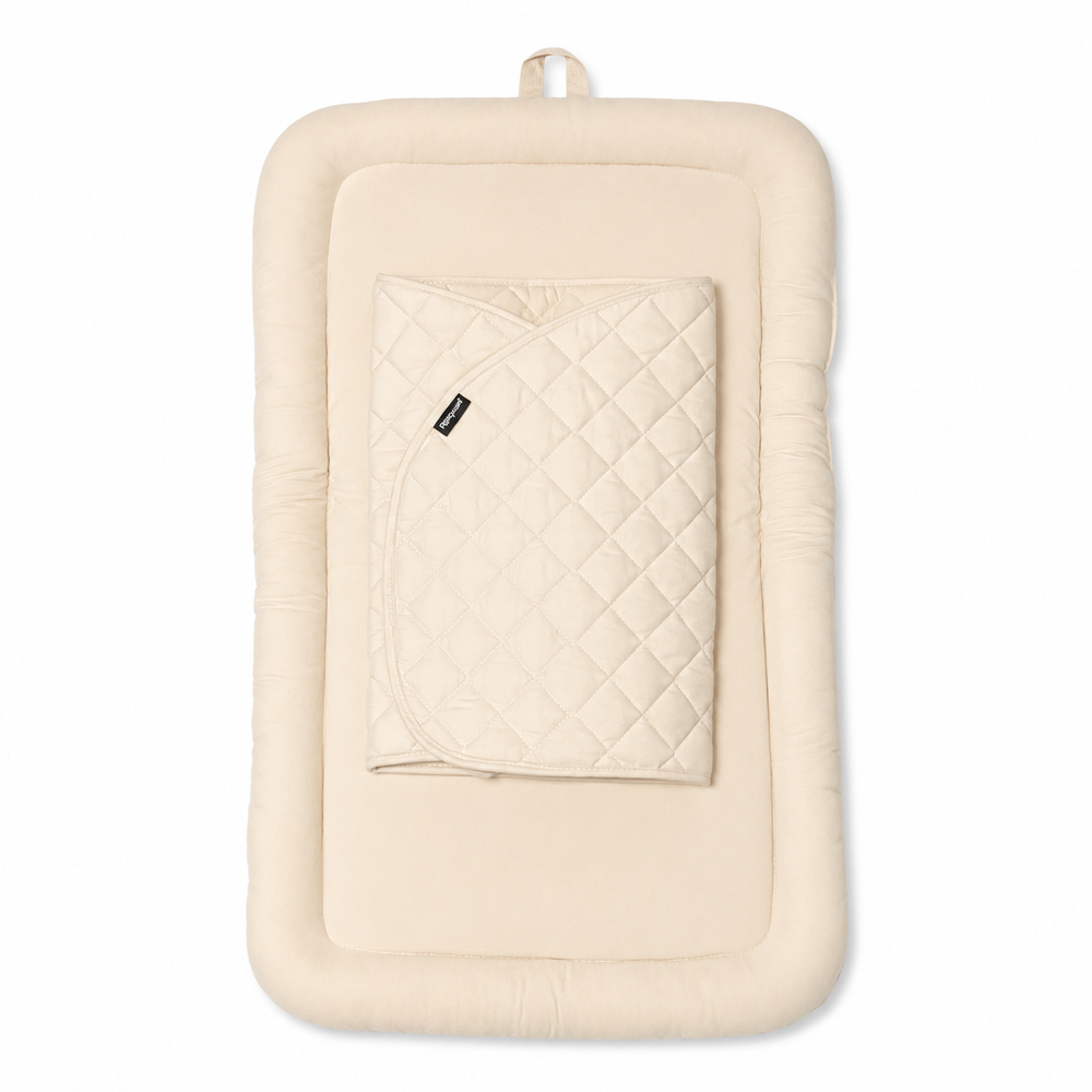 Beige Pawbella pet stroller plush cushion set with raised padded sides and magnetic cover